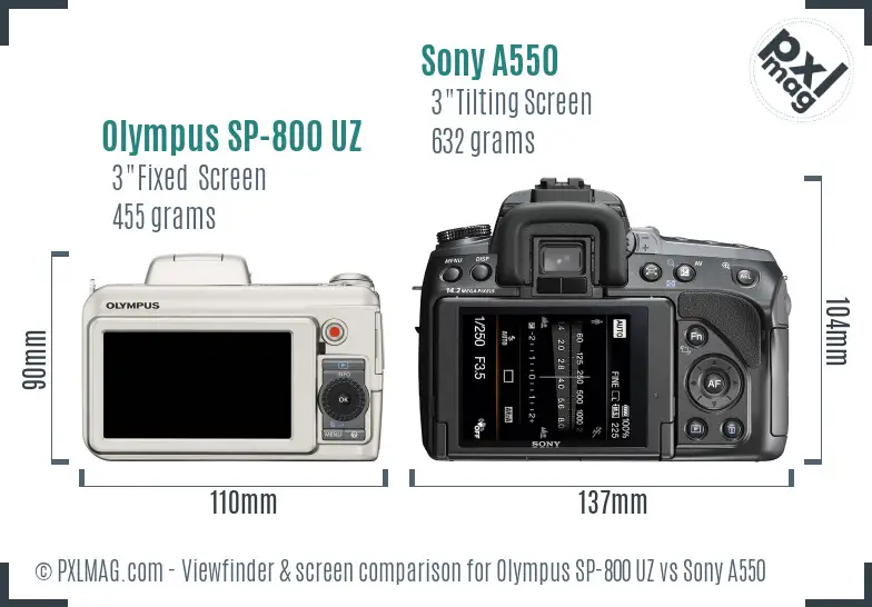 Olympus SP-800 UZ vs Sony A550 Screen and Viewfinder comparison