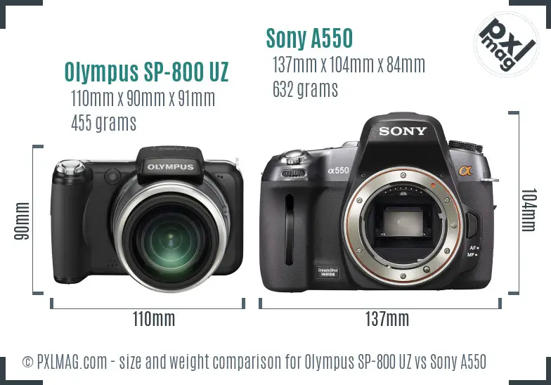 Olympus SP-800 UZ vs Sony A550 size comparison