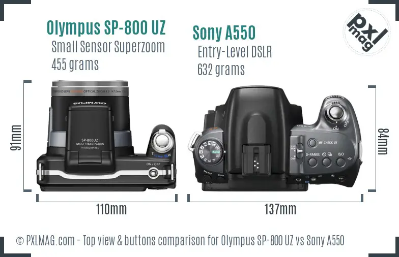 Olympus SP-800 UZ vs Sony A550 top view buttons comparison