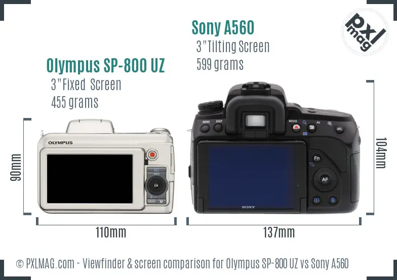 Olympus SP-800 UZ vs Sony A560 Screen and Viewfinder comparison