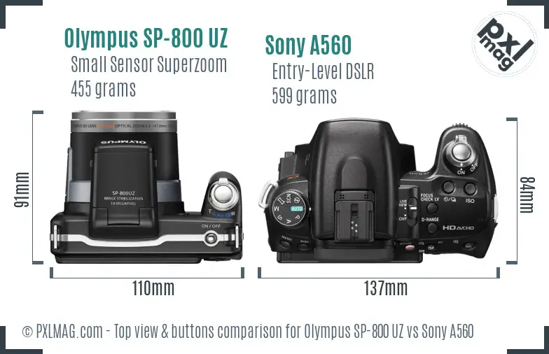 Olympus SP-800 UZ vs Sony A560 top view buttons comparison