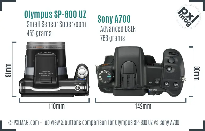 Olympus SP-800 UZ vs Sony A700 top view buttons comparison Olympus SP-800 UZ vs Sony A700 top view buttons comparison