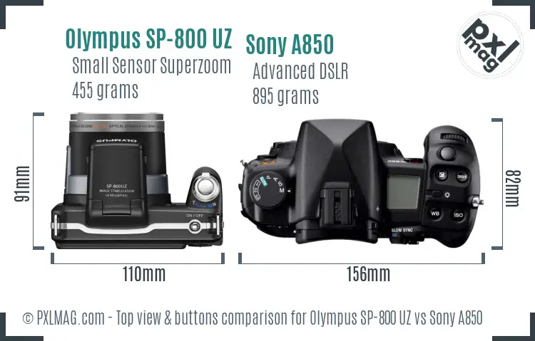 Olympus SP-800 UZ vs Sony A850 top view buttons comparison Olympus SP-800 UZ vs Sony A850 top view buttons comparison