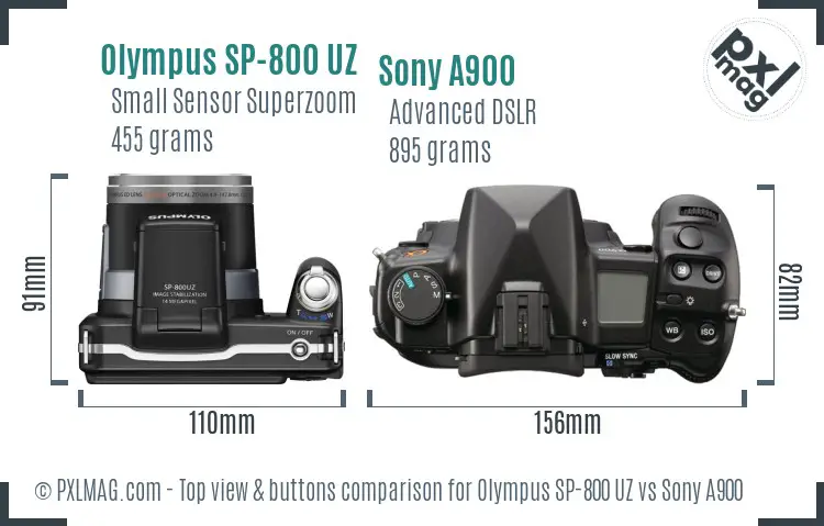 Olympus SP-800 UZ vs Sony A900 top view buttons comparison