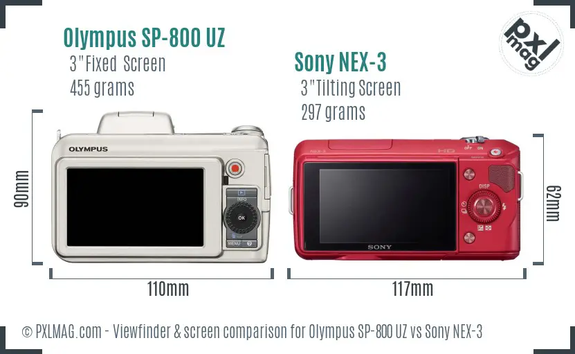 Olympus SP-800 UZ vs Sony NEX-3 Screen and Viewfinder comparison