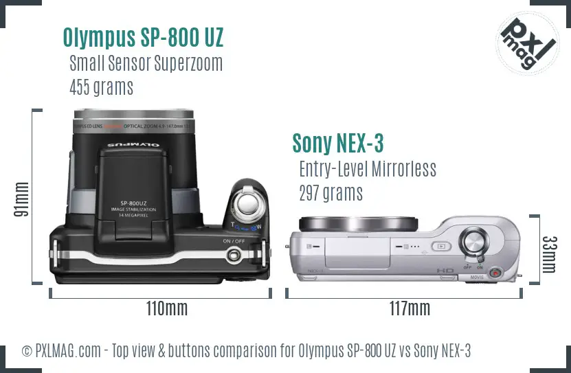 Olympus SP-800 UZ vs Sony NEX-3 top view buttons comparison