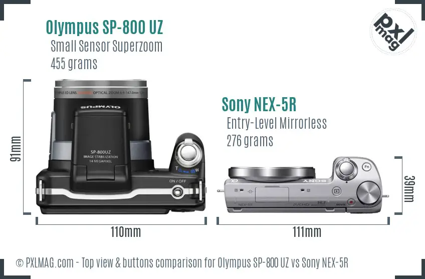 Olympus SP-800 UZ vs Sony NEX-5R top view buttons comparison