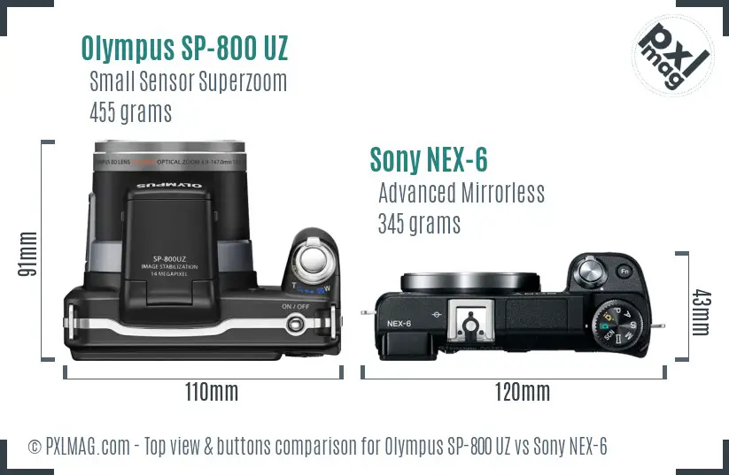 Olympus SP-800 UZ vs Sony NEX-6 top view buttons comparison