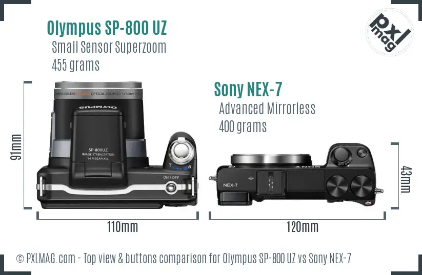 Olympus SP-800 UZ vs Sony NEX-7 top view buttons comparison