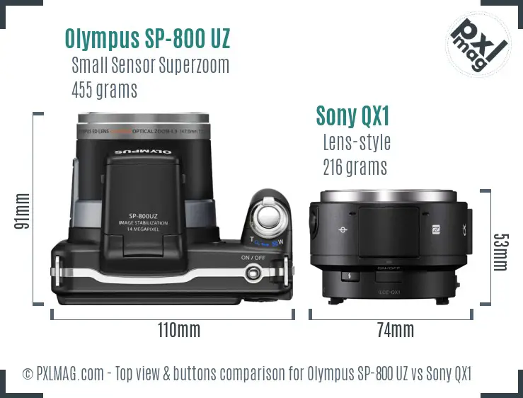 Olympus SP-800 UZ vs Sony QX1 top view buttons comparison