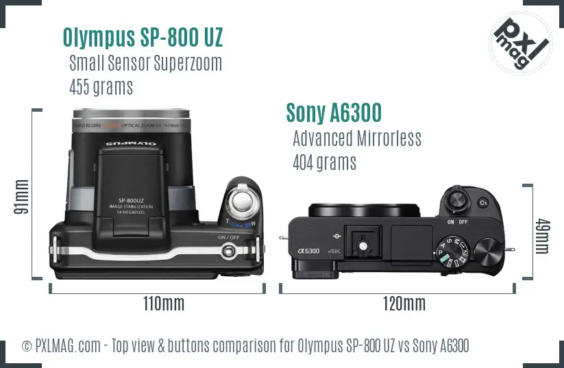 Olympus SP-800 UZ vs Sony A6300 top view buttons comparison
