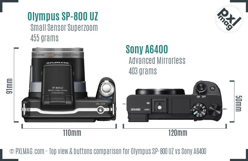 Olympus SP-800 UZ vs Sony A6400 top view buttons comparison