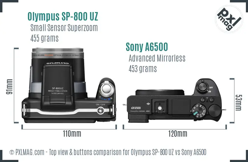 Olympus SP-800 UZ vs Sony A6500 top view buttons comparison
