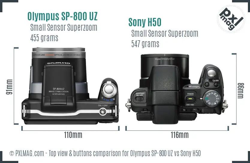 Olympus SP-800 UZ vs Sony H50 top view buttons comparison