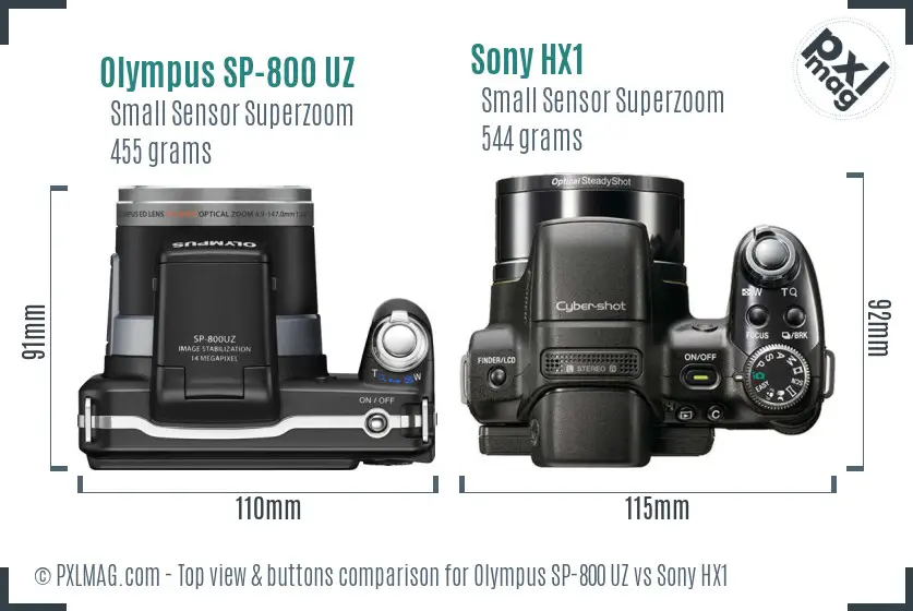 Olympus SP-800 UZ vs Sony HX1 top view buttons comparison