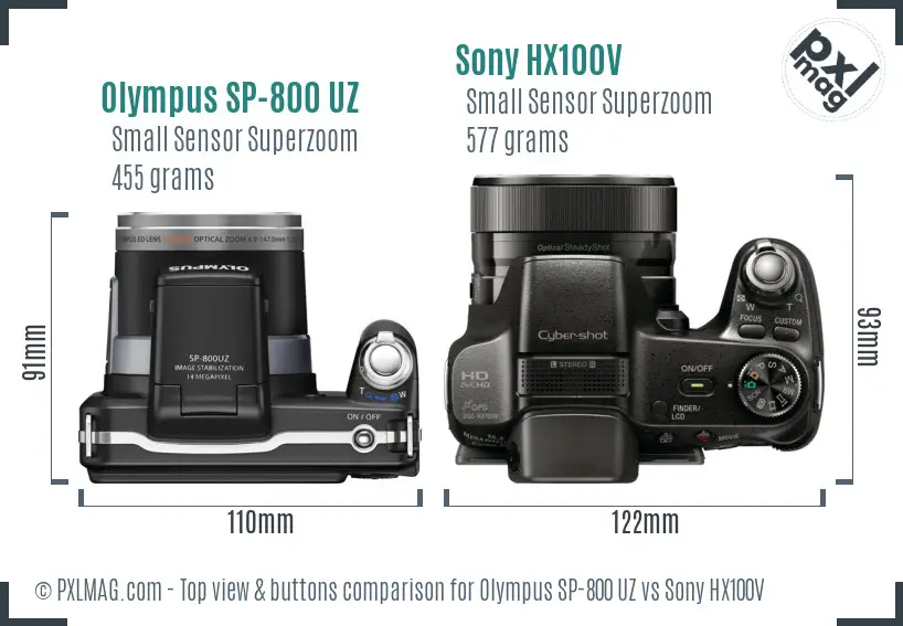 Olympus SP-800 UZ vs Sony HX100V top view buttons comparison