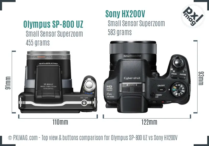 Olympus SP-800 UZ vs Sony HX200V top view buttons comparison