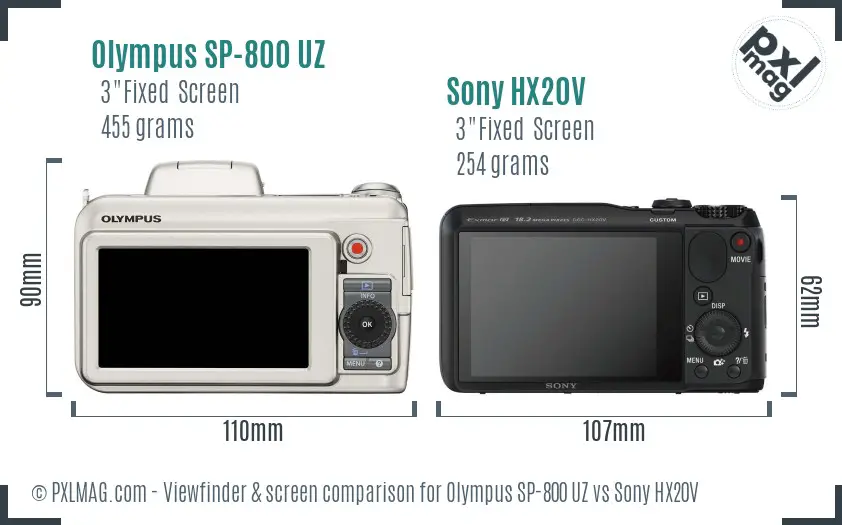 Olympus SP-800 UZ vs Sony HX20V Screen and Viewfinder comparison