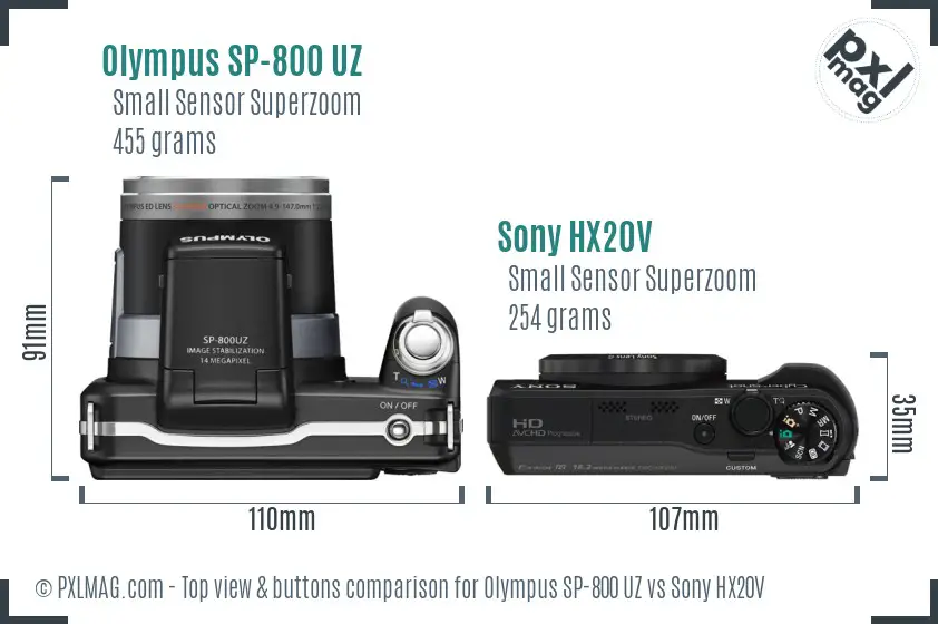 Olympus SP-800 UZ vs Sony HX20V top view buttons comparison