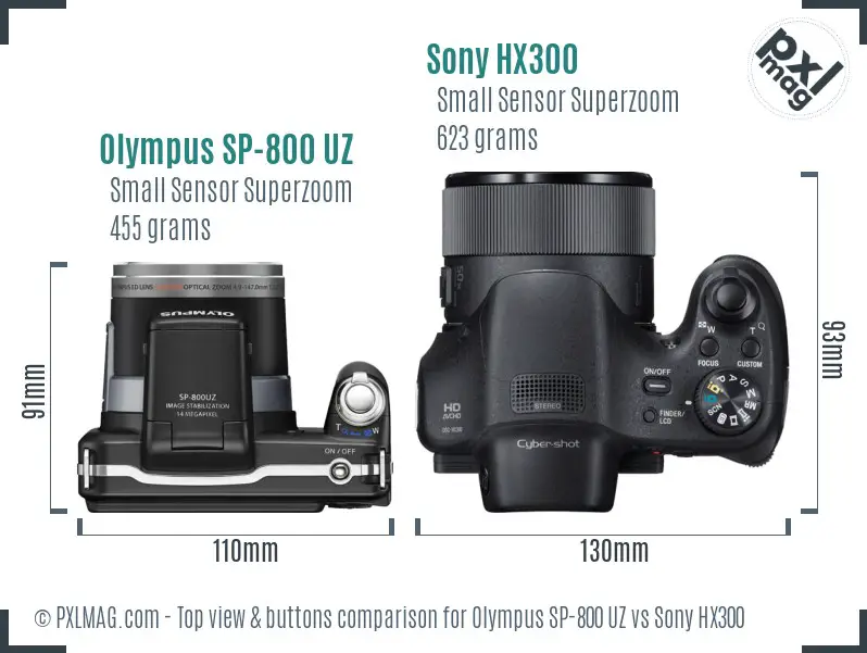 Olympus SP-800 UZ vs Sony HX300 top view buttons comparison