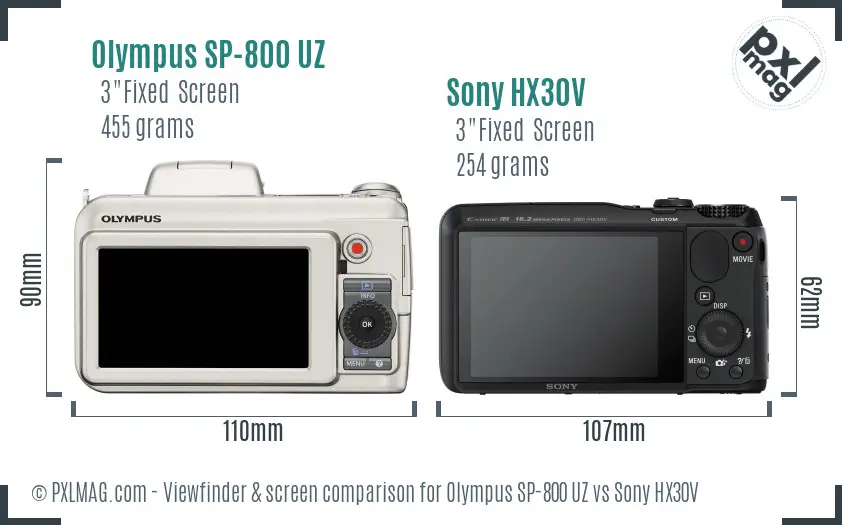 Olympus SP-800 UZ vs Sony HX30V Screen and Viewfinder comparison