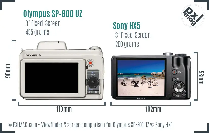 Olympus SP-800 UZ vs Sony HX5 Screen and Viewfinder comparison