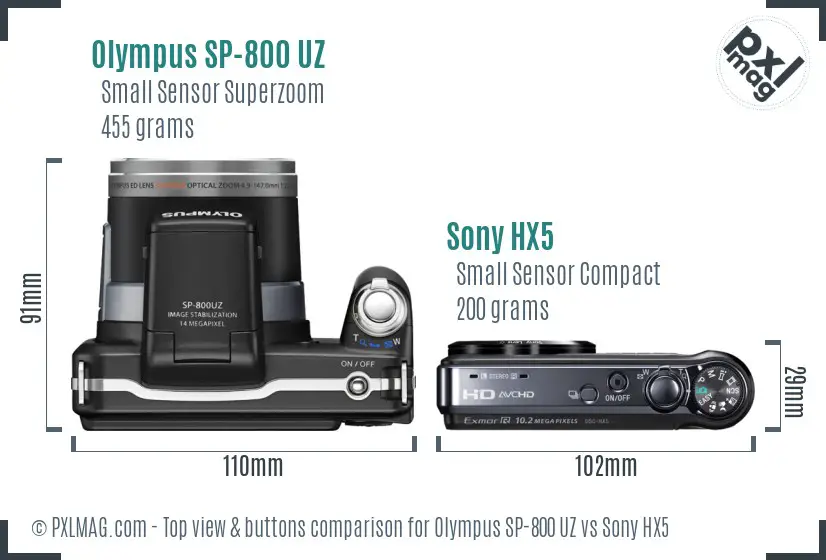 Olympus SP-800 UZ vs Sony HX5 top view buttons comparison