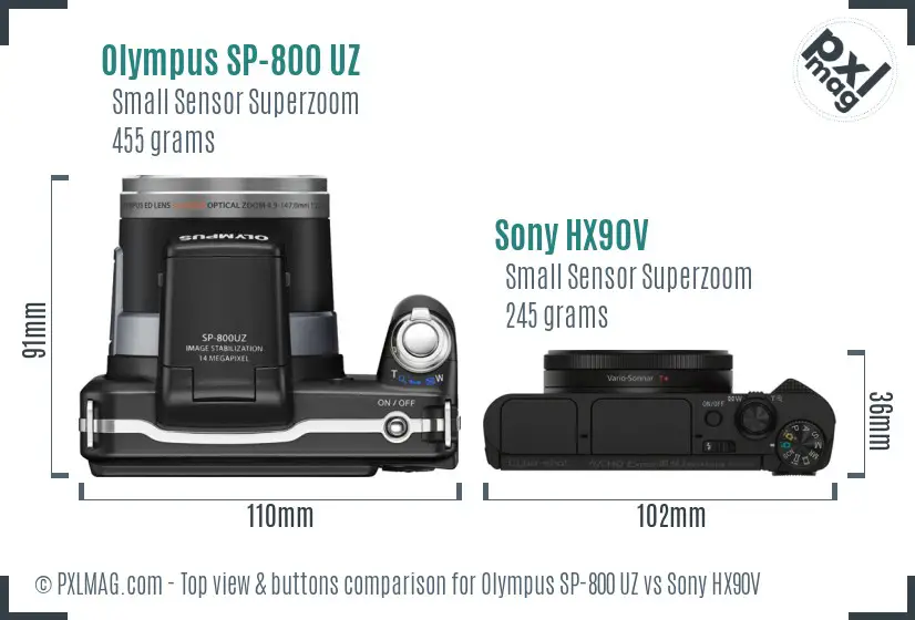 Olympus SP-800 UZ vs Sony HX90V top view buttons comparison