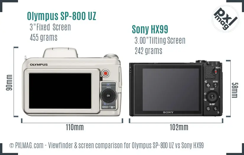 Olympus SP-800 UZ vs Sony HX99 Screen and Viewfinder comparison