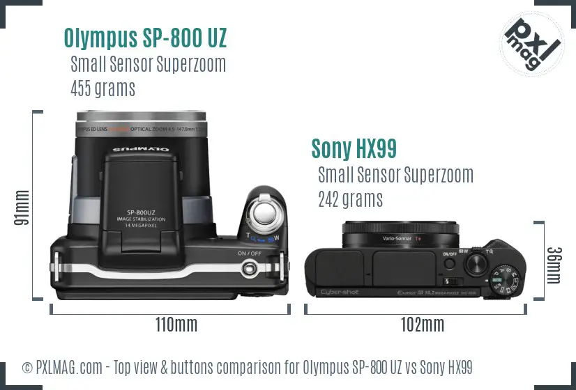 Olympus SP-800 UZ vs Sony HX99 top view buttons comparison