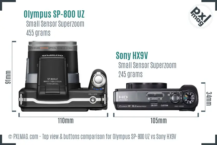 Olympus SP-800 UZ vs Sony HX9V top view buttons comparison