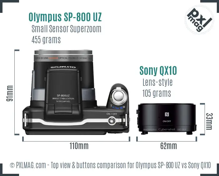Olympus SP-800 UZ vs Sony QX10 top view buttons comparison Olympus SP-800 UZ vs Sony QX10 top view buttons comparison