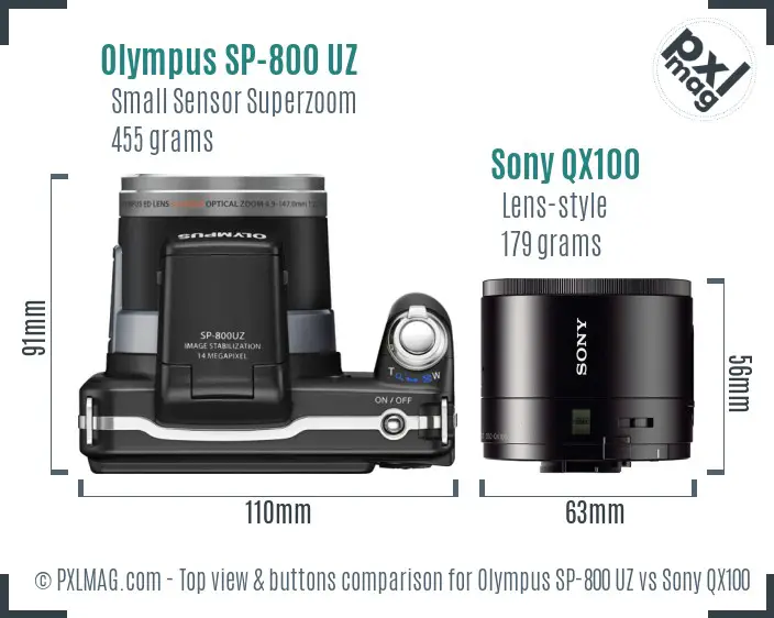 Olympus SP-800 UZ vs Sony QX100 top view buttons comparison