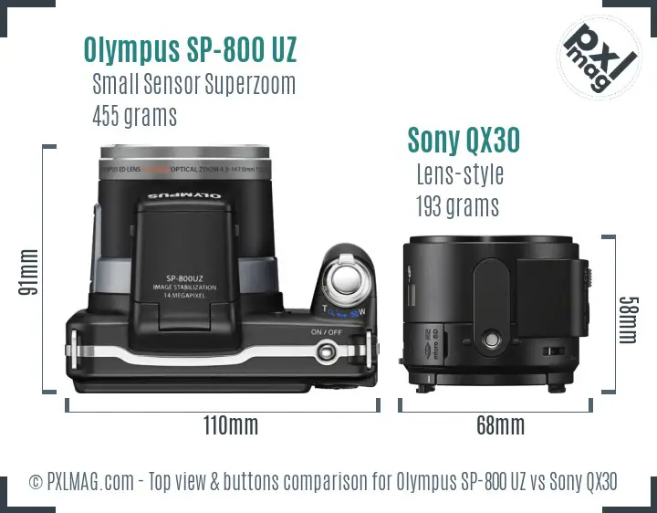 Olympus SP-800 UZ vs Sony QX30 top view buttons comparison