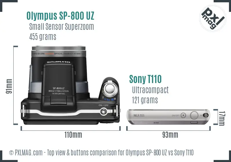 Olympus SP-800 UZ vs Sony T110 top view buttons comparison Olympus SP-800 UZ vs Sony T110 top view buttons comparison