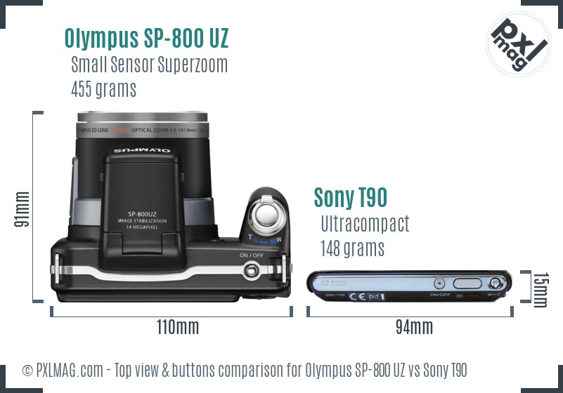 Olympus SP-800 UZ vs Sony T90 top view buttons comparison