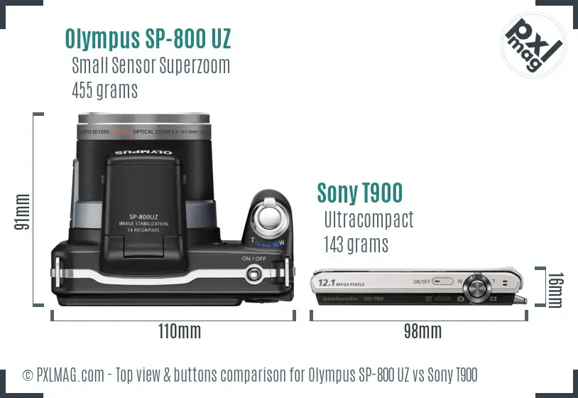 Olympus SP-800 UZ vs Sony T900 top view buttons comparison Olympus SP-800 UZ vs Sony T900 top view buttons comparison