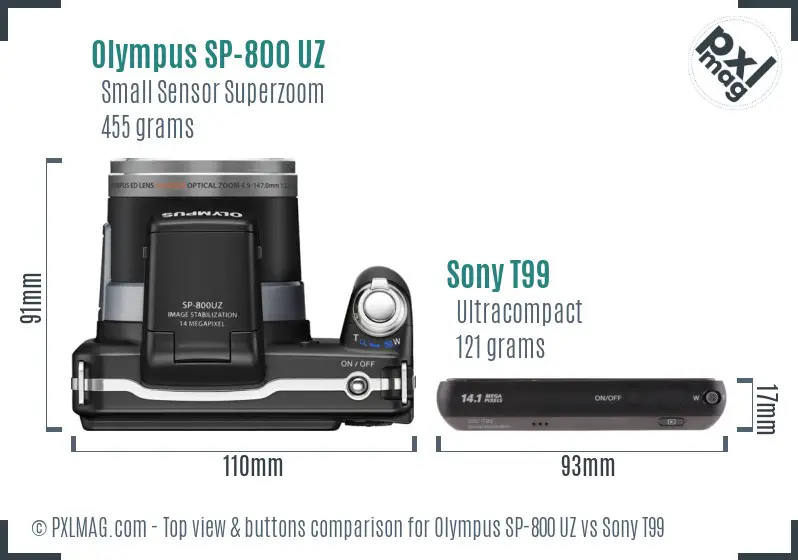 Olympus SP-800 UZ vs Sony T99 top view buttons comparison