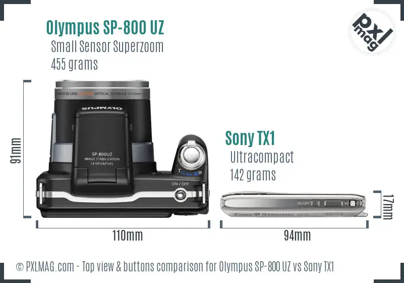 Olympus SP-800 UZ vs Sony TX1 top view buttons comparison