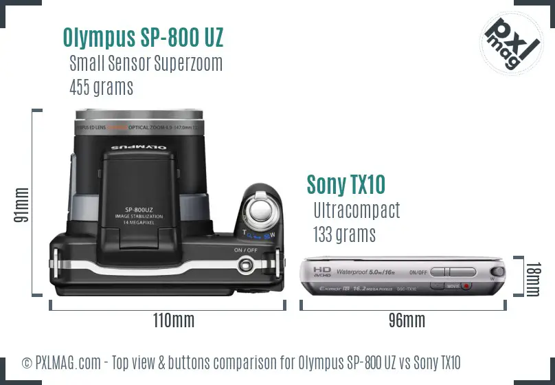 Olympus SP-800 UZ vs Sony TX10 top view buttons comparison