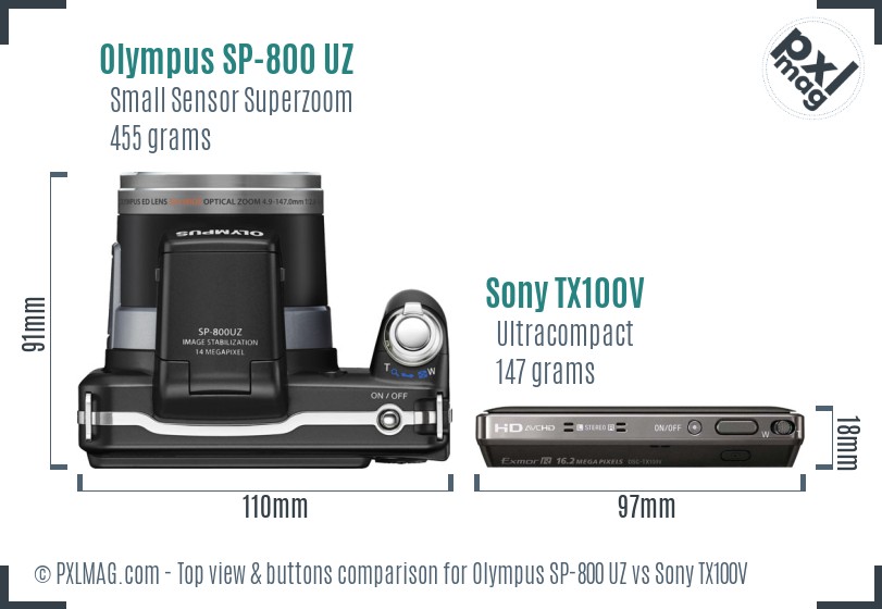Olympus SP-800 UZ vs Sony TX100V top view buttons comparison