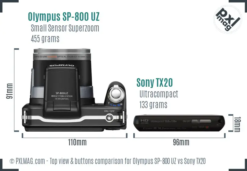 Olympus SP-800 UZ vs Sony TX20 top view buttons comparison
