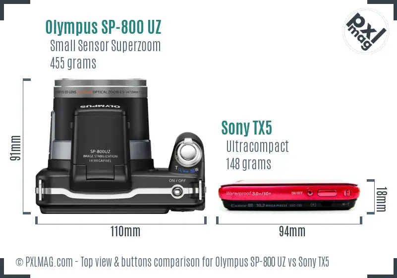 Olympus SP-800 UZ vs Sony TX5 top view buttons comparison