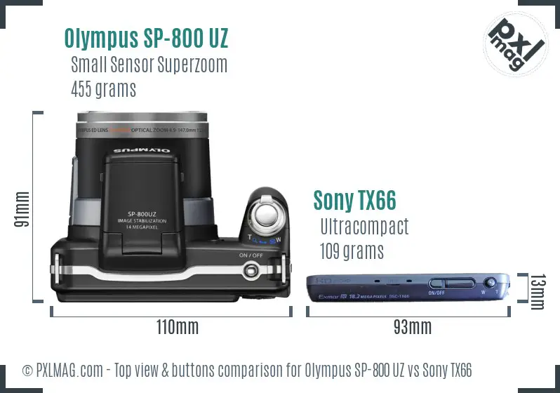 Olympus SP-800 UZ vs Sony TX66 top view buttons comparison