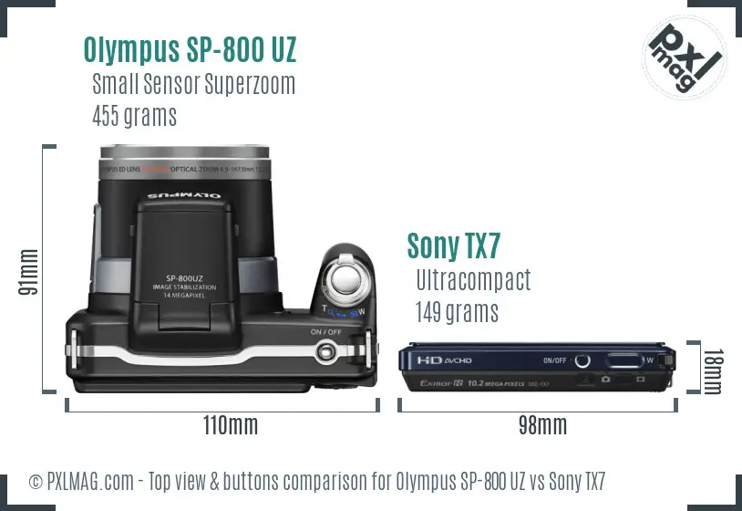 Olympus SP-800 UZ vs Sony TX7 top view buttons comparison Olympus SP-800 UZ vs Sony TX7 top view buttons comparison