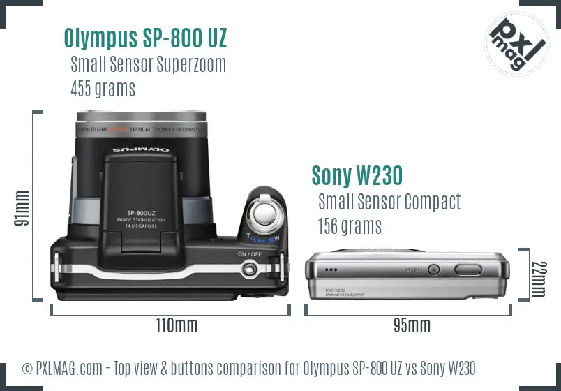 Olympus SP-800 UZ vs Sony W230 top view buttons comparison