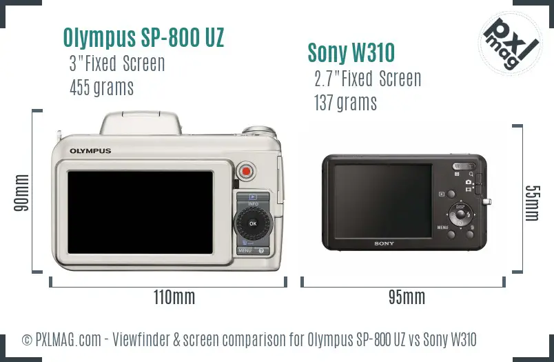 Olympus SP-800 UZ vs Sony W310 Screen and Viewfinder comparison