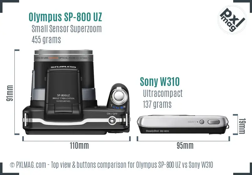 Olympus SP-800 UZ vs Sony W310 top view buttons comparison