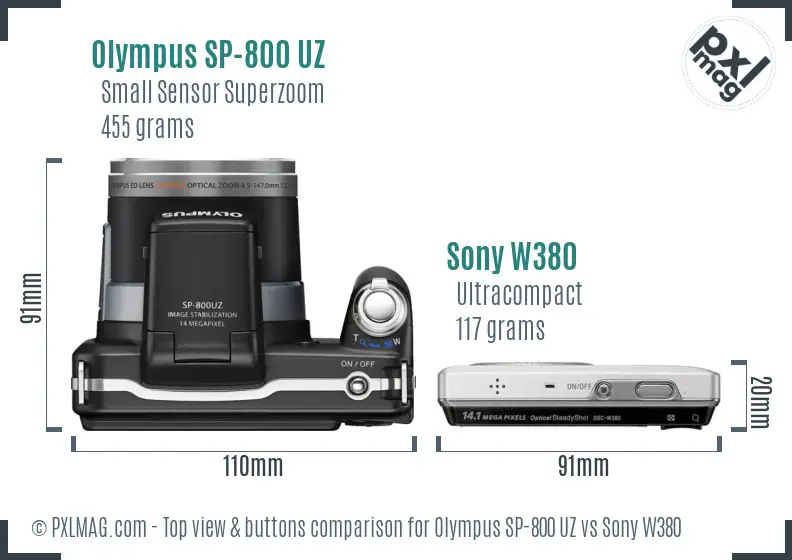 Olympus SP-800 UZ vs Sony W380 top view buttons comparison