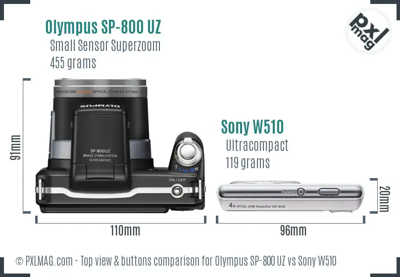 Olympus SP-800 UZ vs Sony W510 top view buttons comparison